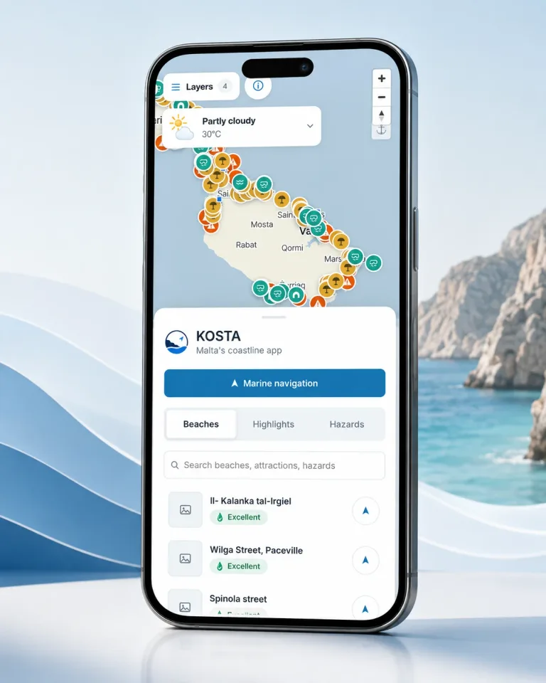 The Kosta app showing Malta’s coastline with beach, hazard and attraction markers and current conditions