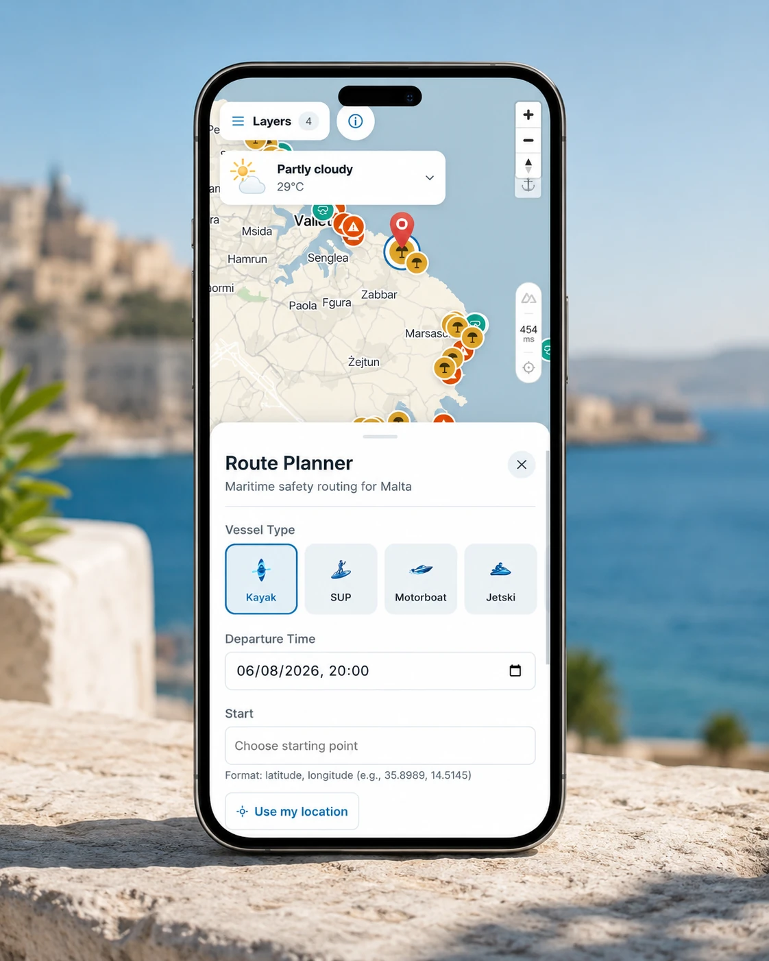 The Kosta app comparing the same coastal route read for a kayak and for a small boat, with different warning thresholds