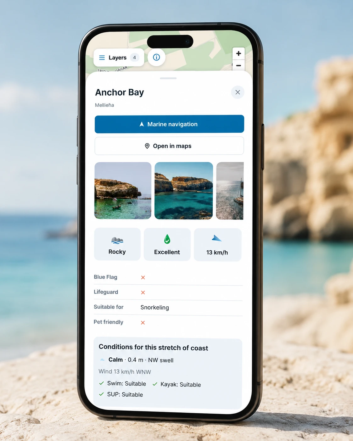 The Kosta app showing the official EEA bathing-water classification for a Maltese beach, with the date it was last tested